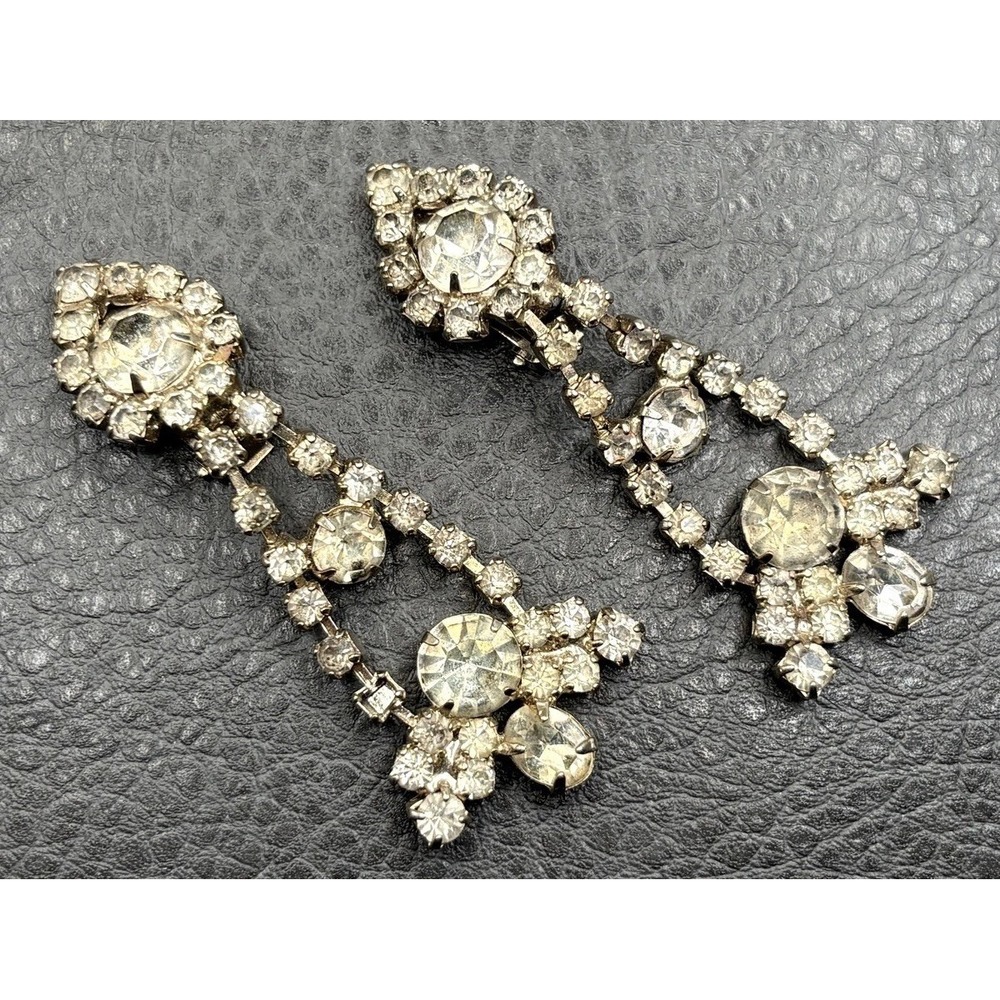 Vintage 2" Long Rhinestone Crystal Chandelier Dangle Clip On Art Deco Earrings